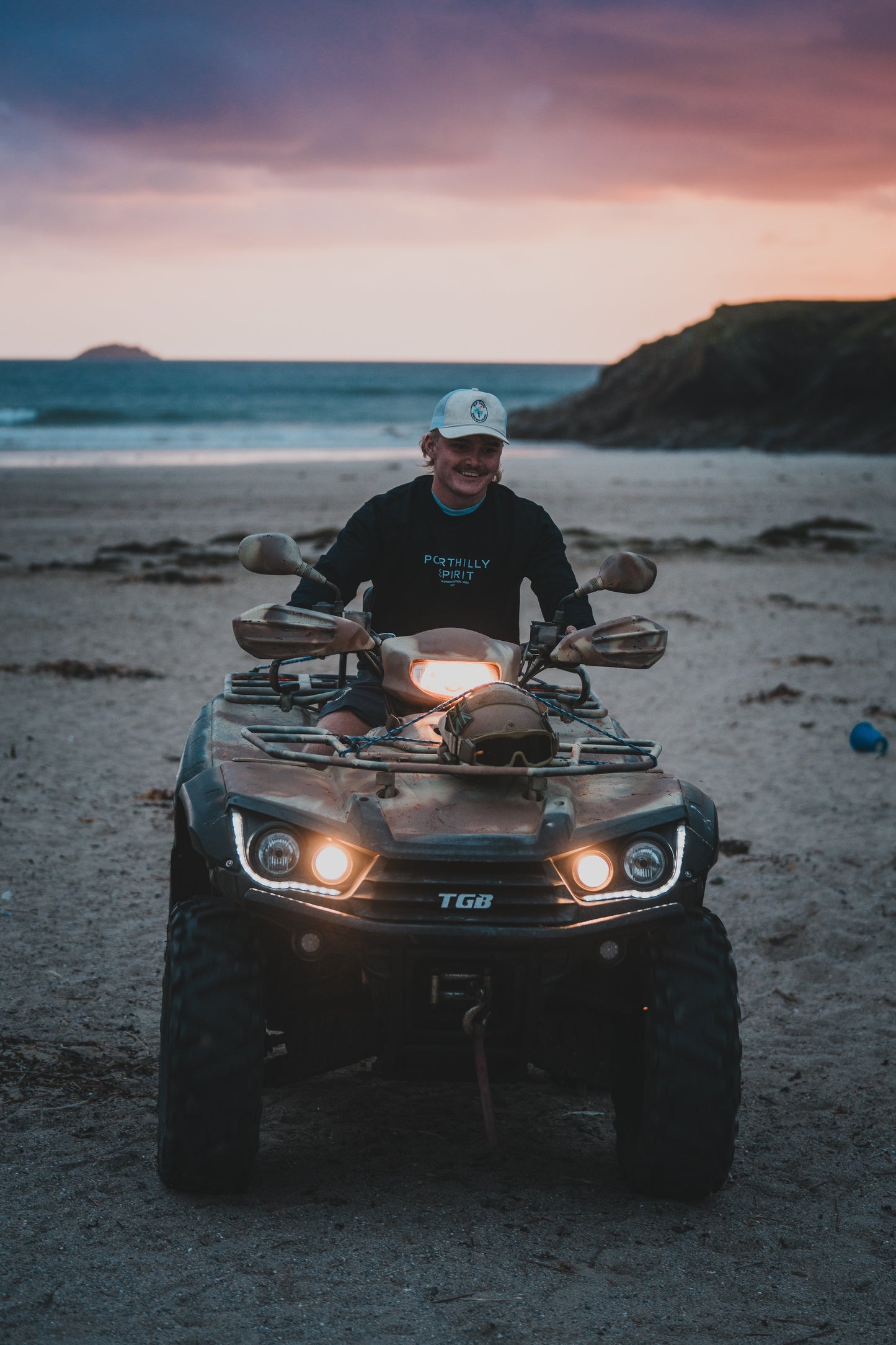 Porthilly Spirit sweatshirt, quad bike on the beach at sunset